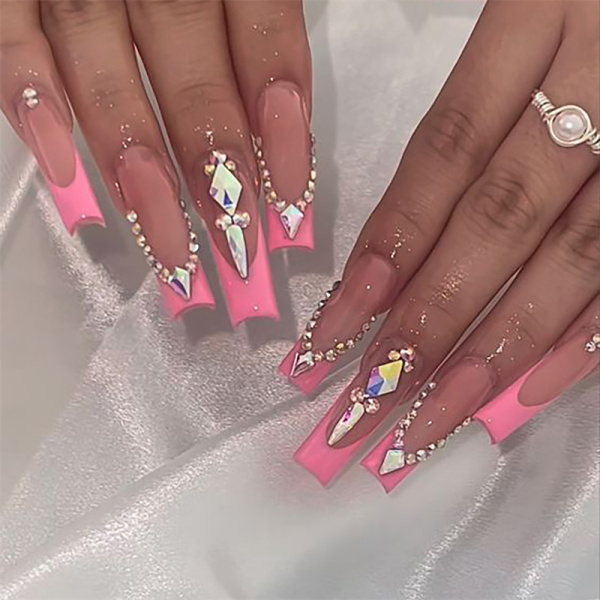 Casual Rhinestone Decor Long Square Nails Press On Fake Nails