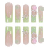 Casual Flowers Cute Pearl Bow Long Square Nails Press On Fake Nails
