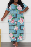 African Casual Graphics Print O Neck Short Sleeve Long Side Slit Loose Vacation Plus Size Straight Maxi T-shirt Dresses