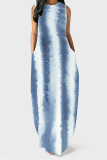 Casual Striped Print O Neck Sleeveless Floor Length Vacation Pocket Vest Loose Maxi Dresses