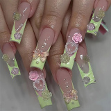 Casual Flowers Cute Pearl Bow Long Square Nails Press On Fake Nails