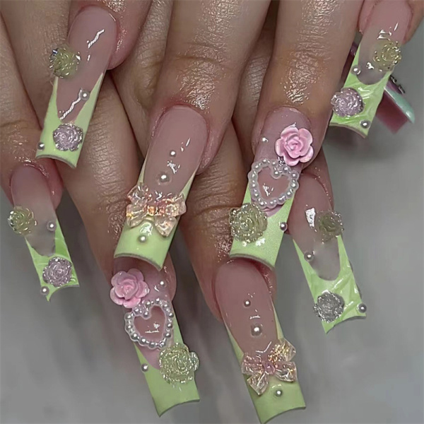 Casual Flowers Cute Pearl Bow Long Square Nails Press On Fake Nails