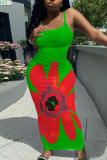 Casual Floral Print Backless Spaghetti Strap Long Vacation Plus Size Bodycon Maxi Slip Dresses