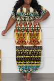 African Casual Graphics Print O Neck Short Sleeve Long Side Slit Loose Vacation Plus Size Straight Maxi T-shirt Dresses