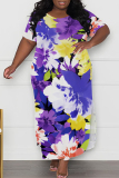 African Casual Floral Print O Neck Short Sleeve Long Side Slit Loose Vacation Plus Size Straight Maxi T-shirt Dresses