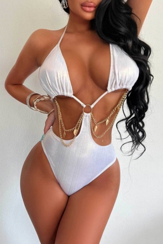 Chains Backless Sleeveless Cut Out Belted One Piece Swimsuit Vacation Beach Swimwears