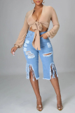 Casual Fringed Trim High Waist Distressed Skinny Ripped Denim Shorts