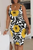 Casual Floral Print U Neck Sleeveless Bodycon Midi Tank Dresses