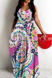 Sexy Graphcis Print Backless Spaghetti Strap Floor Length Vacation Baggy Sundress Slip Maxi Dress