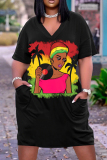 Casual Graphics Print Basic V Neck Short Sleeve Loose Pockets Midi T-Shirt Dress