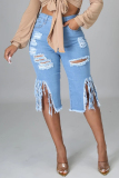 Casual Fringed Trim High Waist Distressed Skinny Ripped Denim Shorts