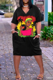 Casual Graphics Print Basic V Neck Short Sleeve Loose Pockets Midi T-Shirt Dress