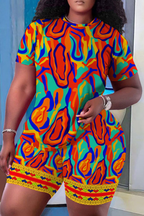 Casual Graphics Print O Neck Short Sleeve Oversize T Shirt And Shorts Set Sportwear Plus Size Two Piece Matching Set