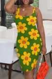 Casual Floral Print U Neck Sleeveless Bodycon Midi Tank Dresses