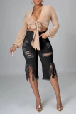 Casual Fringed Trim High Waist Distressed Skinny Ripped Denim Shorts