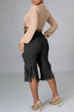 Casual Fringed Trim High Waist Distressed Skinny Ripped Denim Shorts