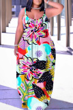 Casual Floral Print Backless Spaghetti Strap Floor Length Vacation Baggy Sundress Slip Maxi Dress
