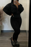 Sportwear Casual Draw String Zipper Turndown Collar Long Sleeve Cropped Jackets And Skinny Pants Two Pieces Sweatpant Set