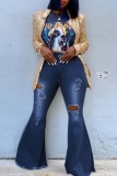 Casual High Waist Boot Cut Distressed Ripped Denim Flare Leg Jeans