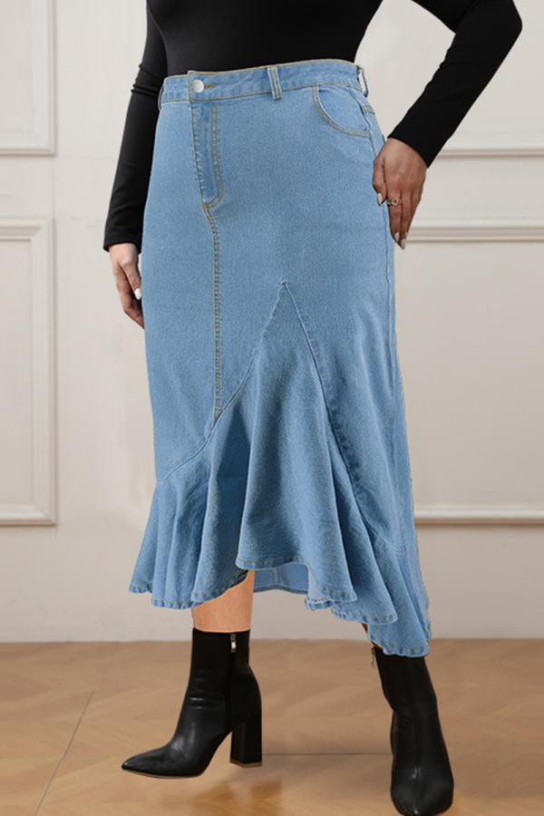 Street Buttons Zipper Irregular Ruffle Hem Wrapped Skirt Vacation Plus Size Denim Midi Skirt