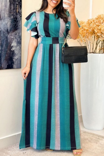 Casual Striped Print O Neck Ruffle Sleeve Cinch Waist Long Vacation A Line Maxi Dresses