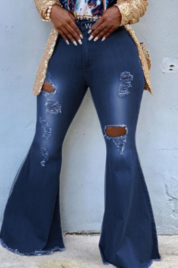 Casual High Waist Boot Cut Distressed Ripped Denim Flare Leg Jeans