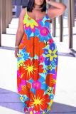 Casual Floral Print Backless Spaghetti Strap Floor Length Vacation Baggy Sundress Slip Maxi Dress
