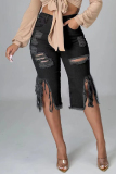 Casual Fringed Trim High Waist Distressed Skinny Ripped Denim Shorts