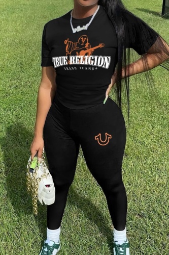 Sportwear Casual Letter Print O Neck Short Sleeve T-Shirt And Skinny Pants Two Pieces Sweatpants Sets