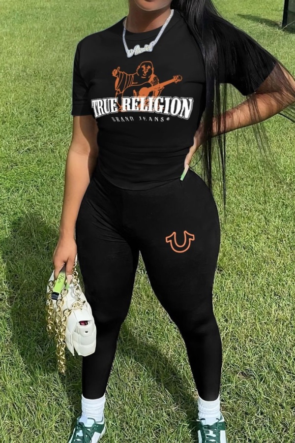Sportwear Casual Letter Print O Neck Short Sleeve T-Shirt And Skinny Pants Two Pieces Sweatpants Sets