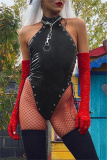 Sleeveless Backless Belted Lace Up Skinny Leather Halter One Piece Bodysuits