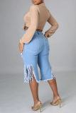 Casual Fringed Trim High Waist Distressed Skinny Ripped Denim Shorts