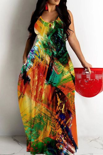 Sexy Graphcis Print Backless Spaghetti Strap Floor Length Vacation Baggy Sundress Slip Maxi Dress