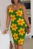 Casual Floral Print U Neck Sleeveless Bodycon Midi Tank Dresses