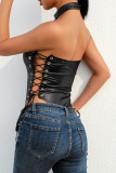 Sleeveless Backless Belted Lace Up Skinny Leather Halter One Piece Bodysuits