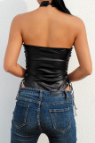 Sleeveless Backless Belted Lace Up Skinny Leather Halter One Piece Bodysuits