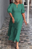 Casual O Neck Hubble-Bubble Sleeve Hollow Out Long Vacation Loose Midi Dresses