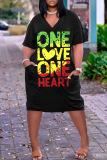 Casual Graphics Print Basic V Neck Short Sleeve Loose Pockets Midi T-Shirt Dress