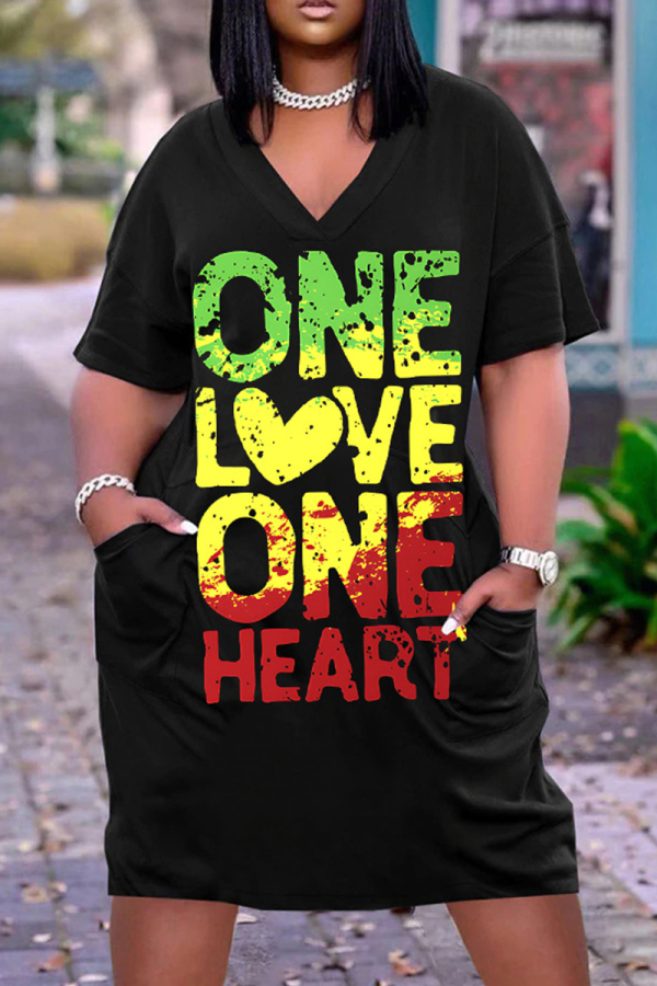 Casual Graphics Print Basic V Neck Short Sleeve Loose Pockets Midi T-Shirt Dress