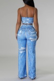 Casual Denim Color Print Spaghetti Strap Sleeveless Cami Crop Tops And Straight Leg Pants Vacation Two Pieces Trouser Sets