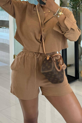 Casual Turndown Collar Long Sleeve Crop Blouse And Shorts Lace Up Buckle Vacation Two Pieces Shorts Sets