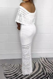 Knitted Flower Print Off Shoulder Flutter Sleeve Hollow Out Weave One Step Skirt Formal Party Evening Bodycon Maxi Dresses