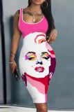Sexy Face Print U Neck Sleeveless Vacation Bodycon Midi Tank Dresses