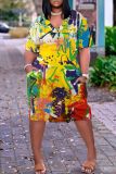 Casual Graphics Print V Neck Short Sleeve Pockets Plus Size T-Shirt Midi Dresses