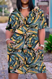 Casual Graphics Print V Neck Short Sleeve Pockets Plus Size T-Shirt Midi Dresses