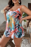 Tropical Print Backless Sleeveless Tank Tops And Mini Shorts Tankini Sets Beach Vacation Swimwears