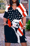 Casual Graphics Print V Neck Short Sleeve Pockets Plus Size T-Shirt Midi Dresses