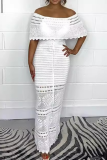 Knitted Flower Print Off Shoulder Flutter Sleeve Hollow Out Weave One Step Skirt Formal Party Evening Bodycon Maxi Dresses