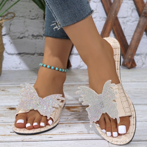 Casual Rhinestone Decor Butterfly Round Slide Sandals Open Toe Slippers