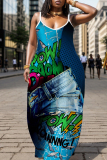 Casual Graphics Print Backless Spaghetti Strap Floor Length Vacation Baggy Sundress Slip Maxi Dress